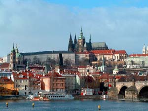 This photo is taken from the "old town" side of the river, with Charles Bridge to the right and Prague Castle and Cathedral on the hill in front.  The Charles Bridge was shown in a scene of Mission Impossible and also this part of Prague was in the movie XXX.